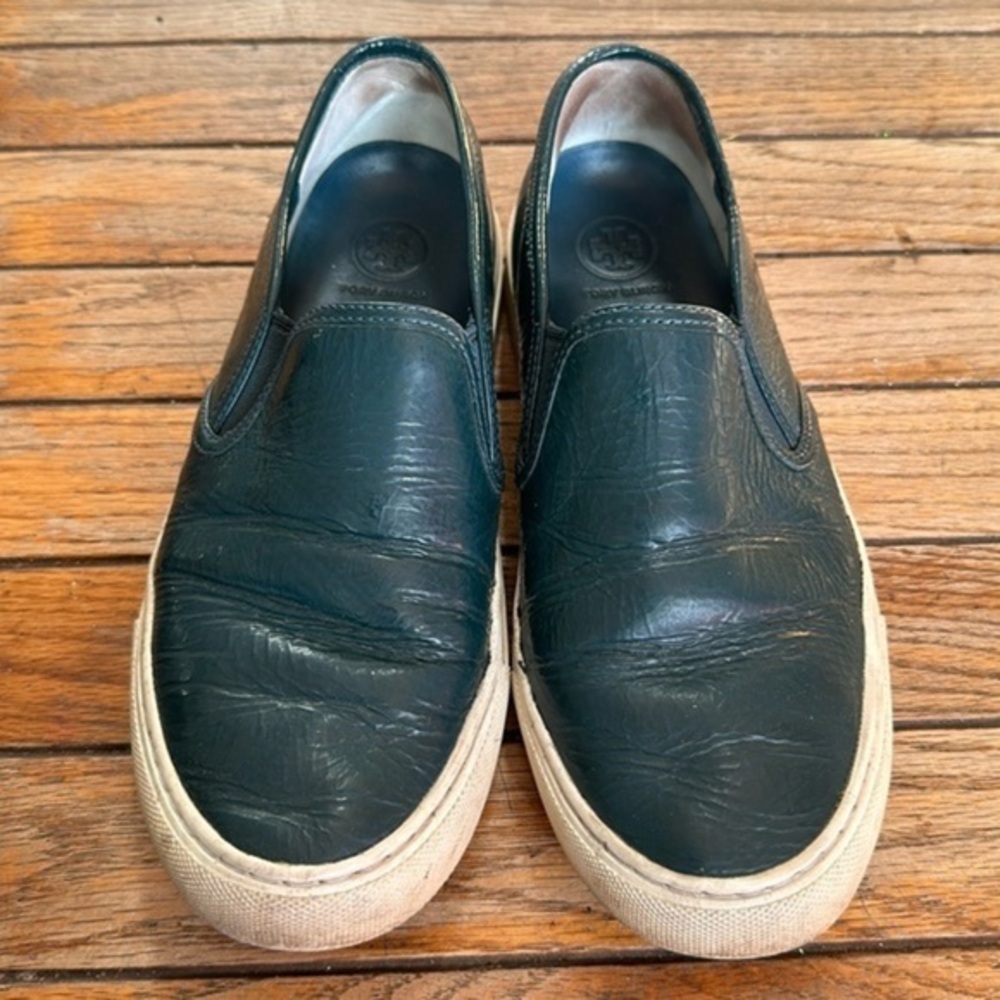 Tory Burch Jesse Black Leather Slip-On Loafer Flat Sneakers with White Size 7.5